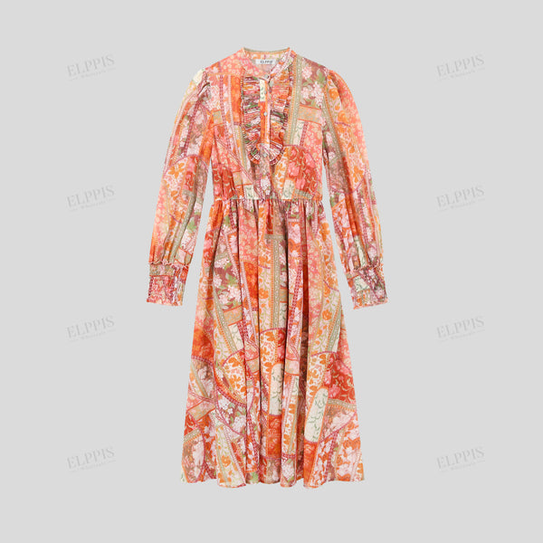 Digital print single-breasted long sleeve stand collar A-line maxi dress