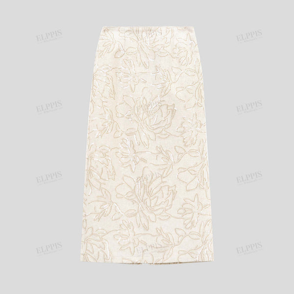 Cotton-linen sequined floral embroidered H-line mid-waist long skirt