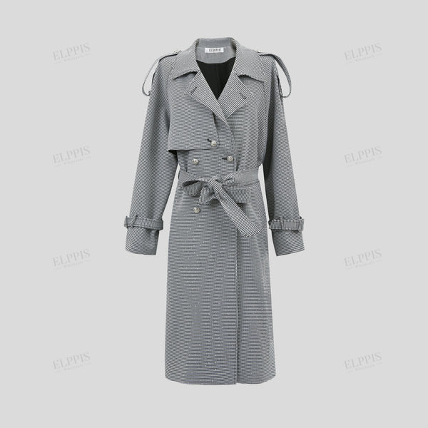 Rhinestone craftsmanship black and white houndstooth long sleeve long trench coat