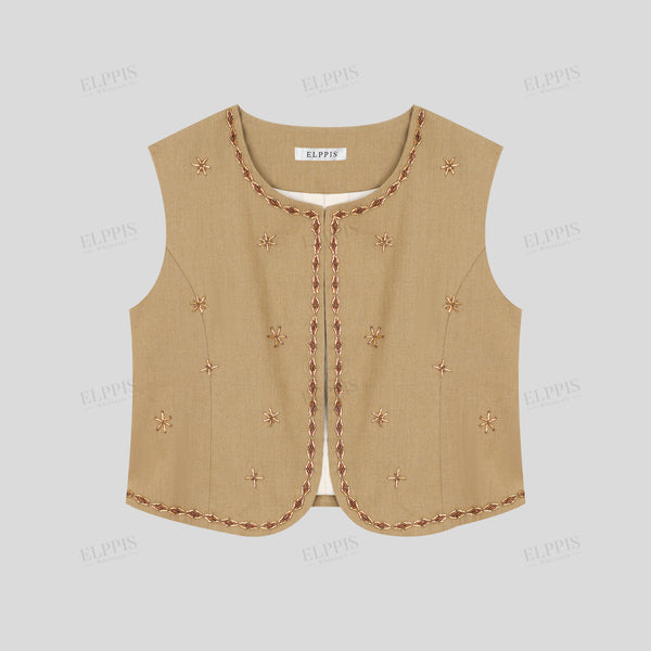 Hand-beaded H-line cotton-linen vest