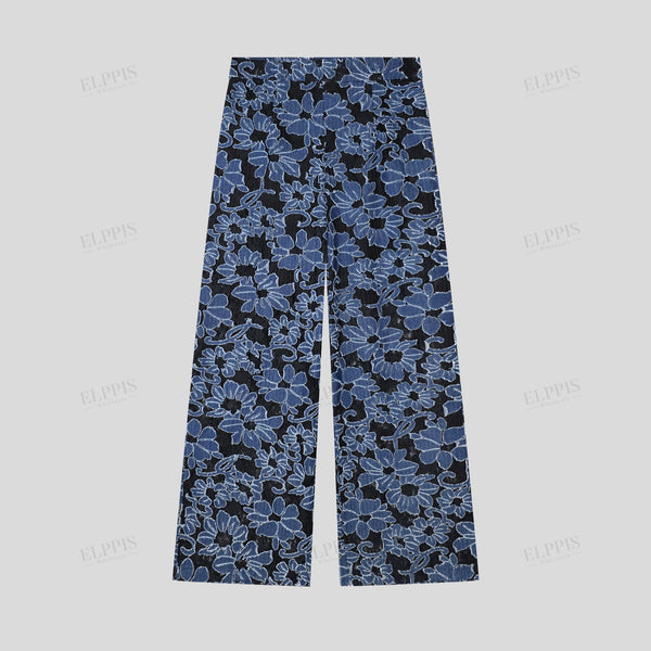 3D denim patchwork embroidered contrast fabric loose wide-leg trousers