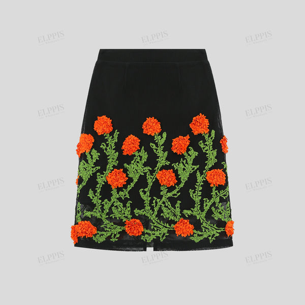 Color-block 3D floral embroidered A-line mini skirt