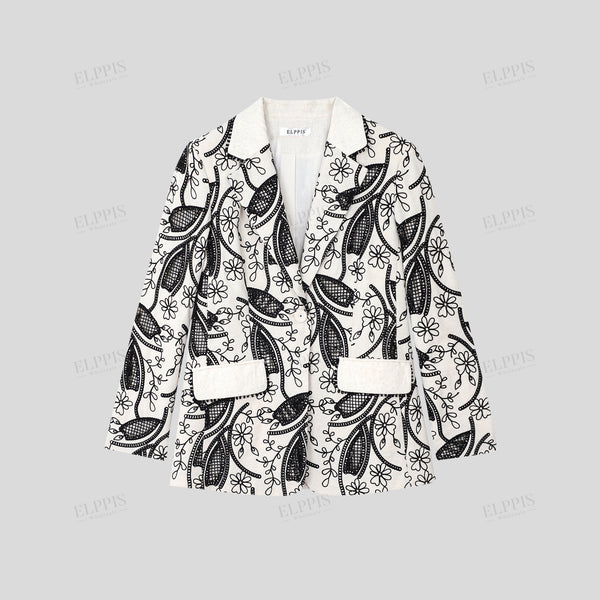 Linen embroidered lace black apricot H-line blazer
