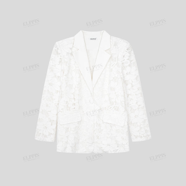 French Floral Burnout White Denim and Lace Straight H-Shape Blazer