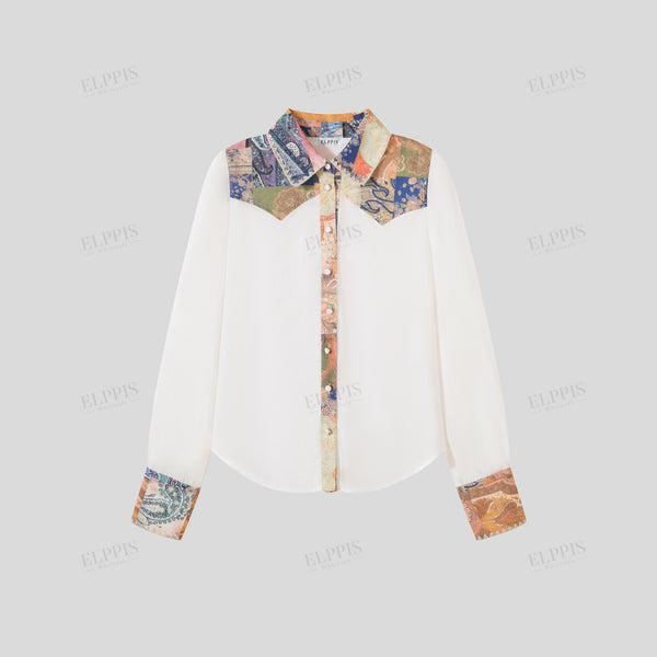 Color-block patchwork printed long sleeve short shirt