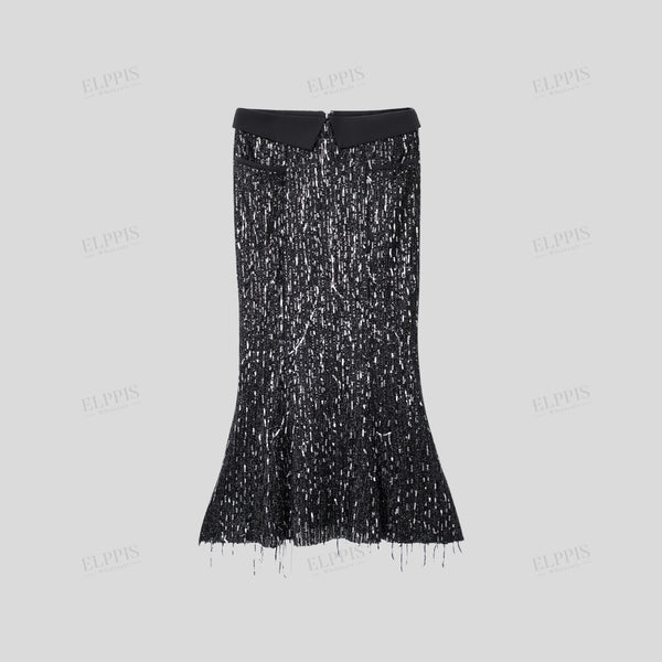Collar Waist Tassel Sequin Mermaid Hem Midi Skirt