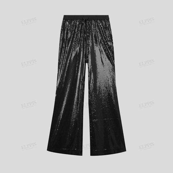 Heavy sequin craftsmanship elastic waistband casual wide-leg pants