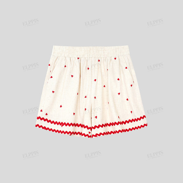 Wavy Ribbon Heart Embroidered Holiday Shorts