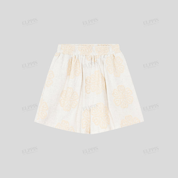 Linen Blend Loose Shorts with Large Area Embroidery