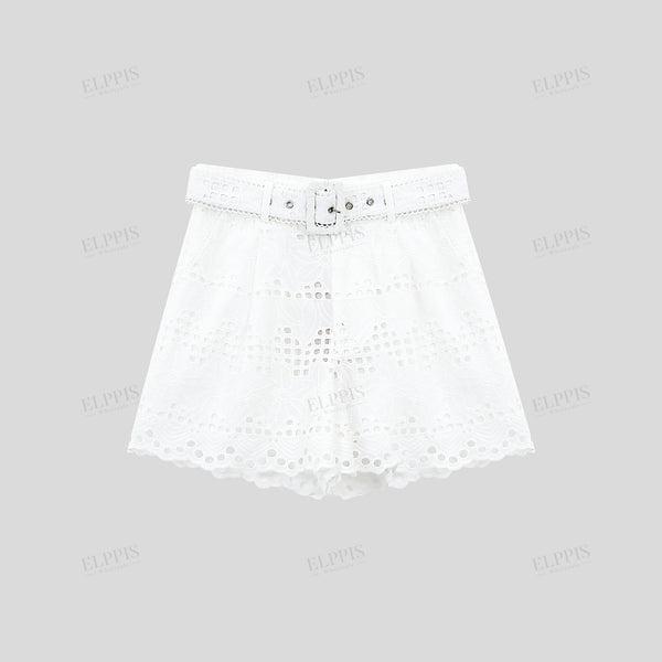 Embroidered Hollow Belted Placement Shorts