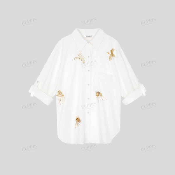 Pipe bead embroidered H-line cotton-linen long sleeve shirt