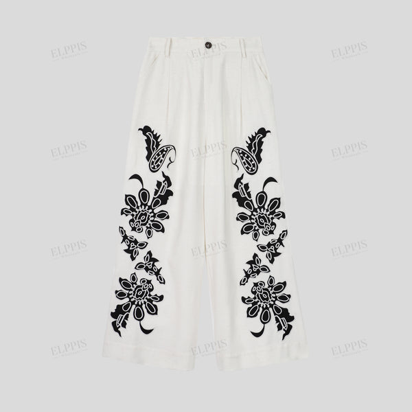 Color-block patchwork embroidered wide-leg pants