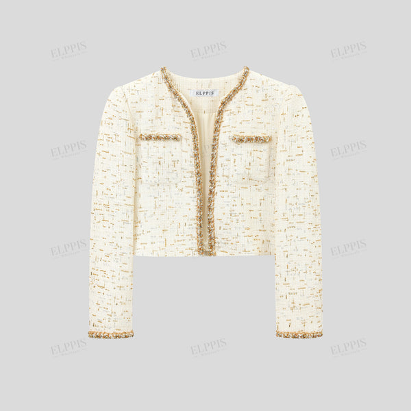 Woven belt H-line elegant long sleeve Chanel-style jacket