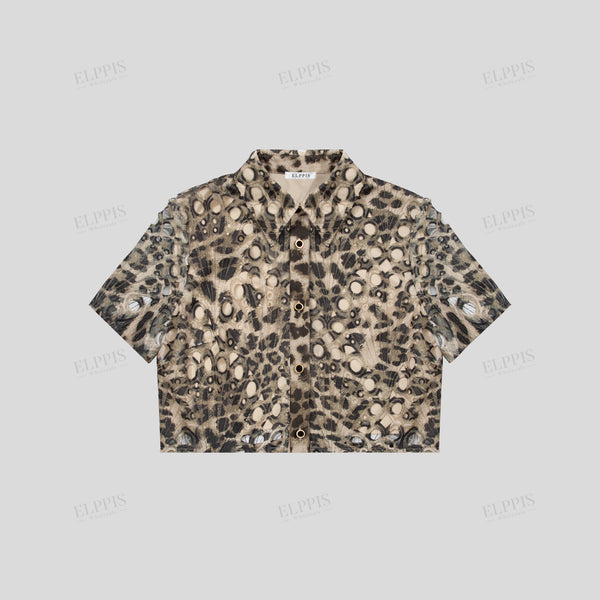 Collared cropped single-breasted lace leopard print top