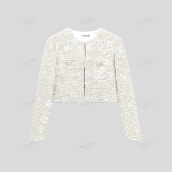 Jacquard plaid  3D beaded embroidered    long-sleeved short jacket