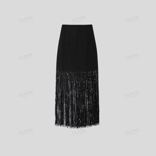 Metal belt decorated sequin tassel mini skirt