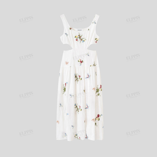 Embroidered cotton cutout waist tank dress