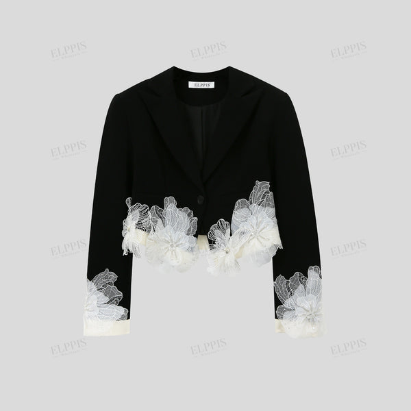 Color-Block 3D Floral Decor Short-Length Long Sleeve Blazer