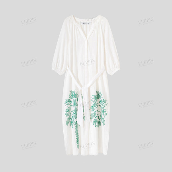 Color-block embroidered H-line cotton long sleeve dress